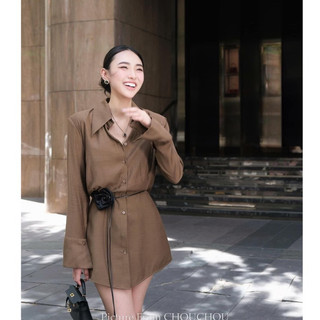 Đầm váy sơ mi nữa nâu dài tay dáng ngắn kèm đai hoa, Váy cổ sơ mi dai tay nữ cách điệu dáng ngắn basic TỰ MAY
