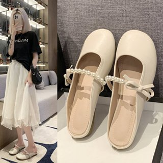 Giày sục mũi tròn đế bệt phối quai ngang đính ngọc nơ xinh xắn phong cách nữ tính đi êm chân cho nữ - Mã SU09