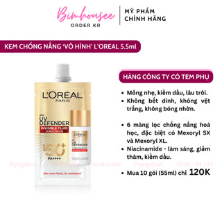 Kem chống nắng LOREAL vô hình UV Defender Invisible Fluid 20x vạch đỏ sample mini 5.5ml L'Oreal