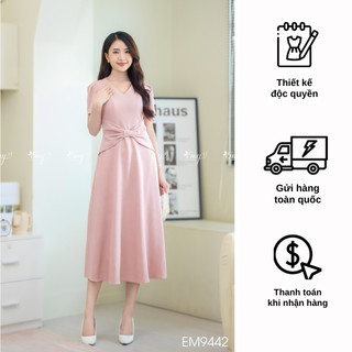Đầm emy em9442 xoè hồng pastel đính nơ eo