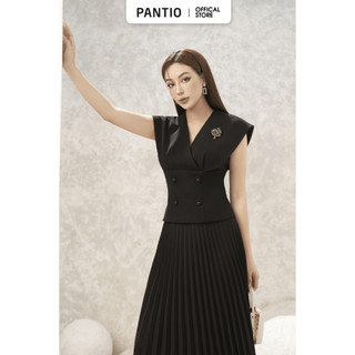 BAK72883 - Áo kiểu công sở vải tuytsi dáng peplum cổ V vai liền đính cúc kèm cài áo trang trí - PANTIO