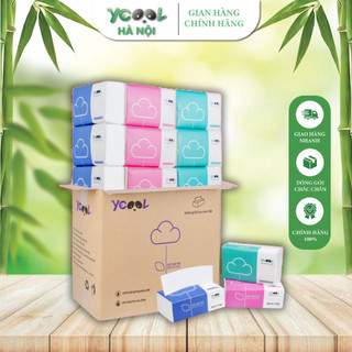 Giấy ăn lụa YCOOL khăn giấy rút đa năng 3 màu trắng tự nhiên 300 tờ 4 lớp 24 gói to