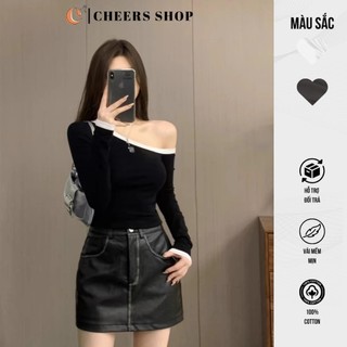 Áo Thun Nữ Dài Tay Dáng Ôm Lệch Vai Phối Viền Quyến Rũ
