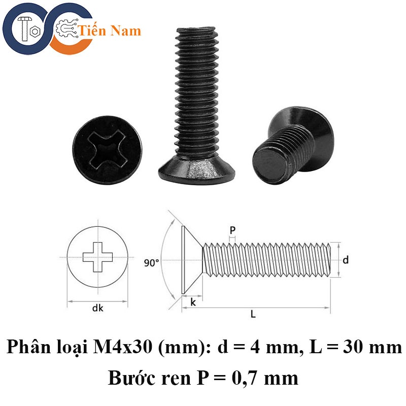 Vít bake đầu bằng thân bu lông ren mau mạ đen M4x30 - túi 10 con