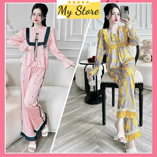 Bộ ngủ dài tay thời trang cao cấp size dưới 60kg, Đồ mặc nhà nữ quần dài lụa Latin in 3D tiểu thư dễ thương MY STORE