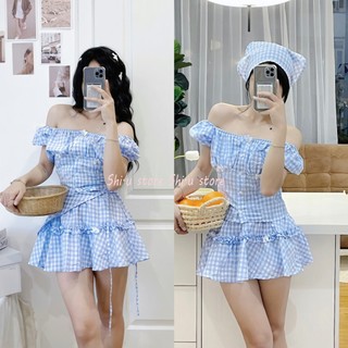Set 3 món Áo croptop tay bồng kẻ caro kèm chân váy ngắn đính nơ form xoè