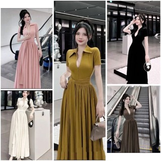 Đầm ôm dáng xoè cổ đúc hình V ngực có khóa kéo tay ngắn cột nơ eo sang chảnh-đầm đi tiệc /đi chơi - thun gân lạnh O