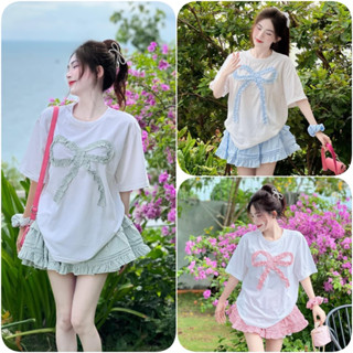 Sét Váy 3 Món Gồm Áo Thun Trắng Nơ To Nhún Bèo + Chân Váy Kẻ Xoè + Dây Cột ( Đeo Tay)