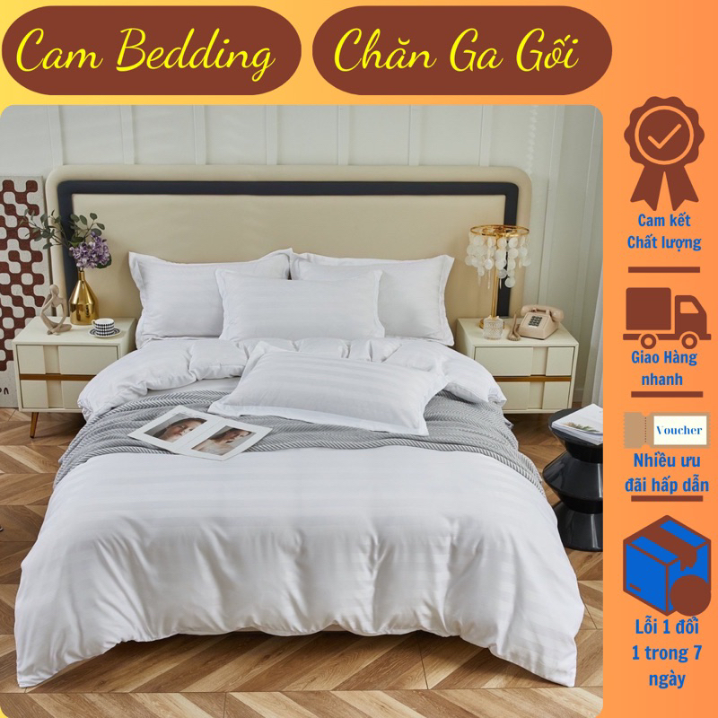 Cotton Kẻ 3f || Bộ 4 món Chăn Ga Gối Cotton Kẻ 3f Chuyên Dụng Dành Cho Khách Sạn