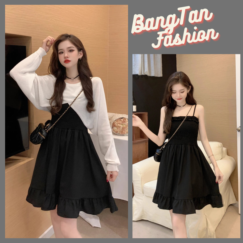 Váy nữ - Set váy hai dây màu đen dáng ngắn mix với áo cardigan len tăm tôn dáng cực sang cho các nàng đi chơi đi tiệc