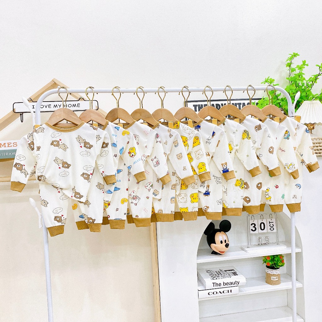 (2-24kg) Set 5 Bộ quần áo dài tay, thu đông, mặc điều hòa, chất thun tăm, in hình thú ngộ nghĩnh, cho bé trai, bé gái
