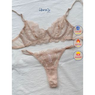 Bộ Đồ Lót Nữ Màu Nude Ren Thêu Xuyên Thấu Sexy iBra's Store, Áo Có Gọng Không Mút và Quần Lọt Khe Gợi Cảm Quyến Rũ a38