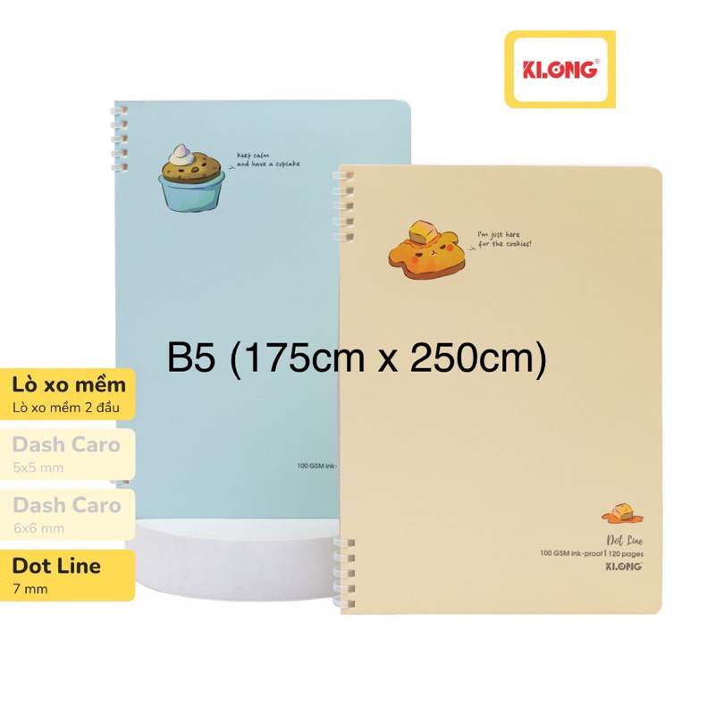 Sổ Dot Line (kẻ ngang) A4, B5 lò xo nhựa mềm 2 đầu KLONG 120 trang, Ms 561, Ms 510