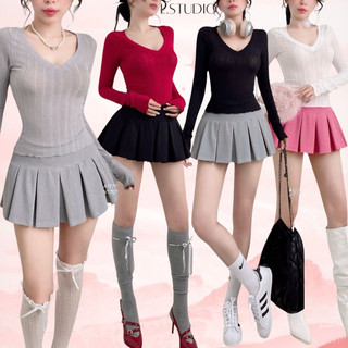 NALY - Set áo thun gân nhũ tay dài cổ U phối váy xếp ly to Trendy trẻ trung có lót quần