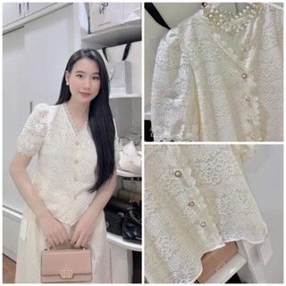  METWO. - Áo sơ mi nữ ren be cổ V tay lửng viền bèo tay bồng Wei Yi Studio QC 2 lớp ulzzang tiểu thư Hàn Quốc #3901 