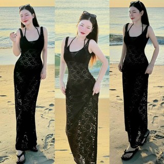 Set bikini 3 món đi biển dáng dài ren len, sét tăm lạnh + váy ngoài len ren cc