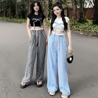 BIGSIZE HIẾU HIẾU (55-95KG) - Set bộ quần áo nữ Áo thun trơn phối nơ + Quần caro suông dáng dài thoải mái