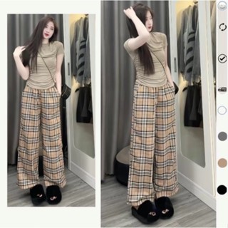 Quần BURBERRY Nữ Kẻ Sọc Caro Ống Rộng Cạp Chun Lưng Cao Dáng Đẹp Phong Cách Hàn Quốc