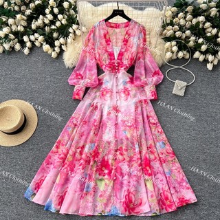 HA5113 [Order] Đầm dài cổ V váy voan dáng dài phong cách retro kèm lót trong siêu đẹp hàng Quảng Châu