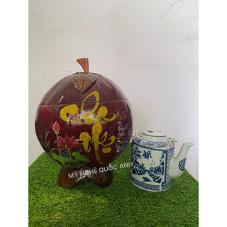 Vỏ giử ấm bình trà trái dừa, vẽ chữ thư pháp.Size ấm 800ml