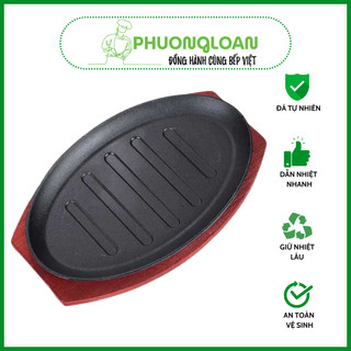 Chảo gang nướng bầu dục đế gỗ dùng bò né nướng thịt mặt kẻ