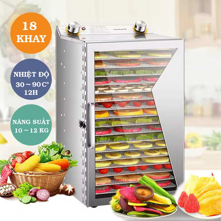 Máy sấy thực phẩm 10 khay inox Dehygrator, Mấy sấy dẻo giòn trái cây hoa quả [BH 12 Tháng]