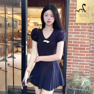 Váy N&L Clothing Đầm nữ Váy body Váy tiểu thư màu xanh Váy len mùa hè Váy ngắn dệt kim Thời trang Hàn Quốc V036