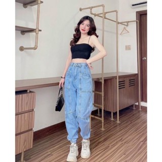 Quần baggy jean nữ lưng cao cạp chun bo gấu phong cách hàn quốc chất liệu bò mịn đẹp KoKo CCH