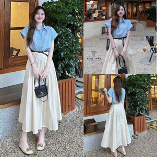 Set Đồ Nữ - Áo Sơ Mi Mix Chân Váy Dáng Dài Chun Kèm Đai Lưng Tiểu Thư Xinh Xỉu Ngọc Tuấn Store