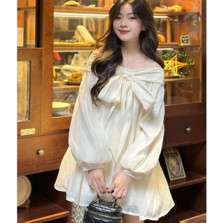 Váy dài tay bồng babydoll trễ vai nữ thắt nơ to dáng xòe tiểu thư ,sang chảnh mặc đi chơi di dự tiệc cực xinh