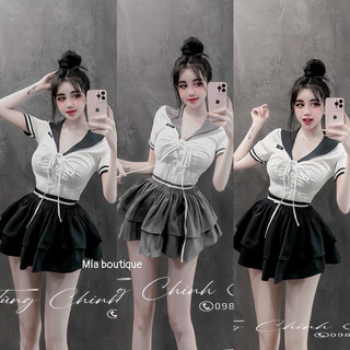 Váy set áo phối cổ thuỷ thủ mix chân váy siêu hach dáng