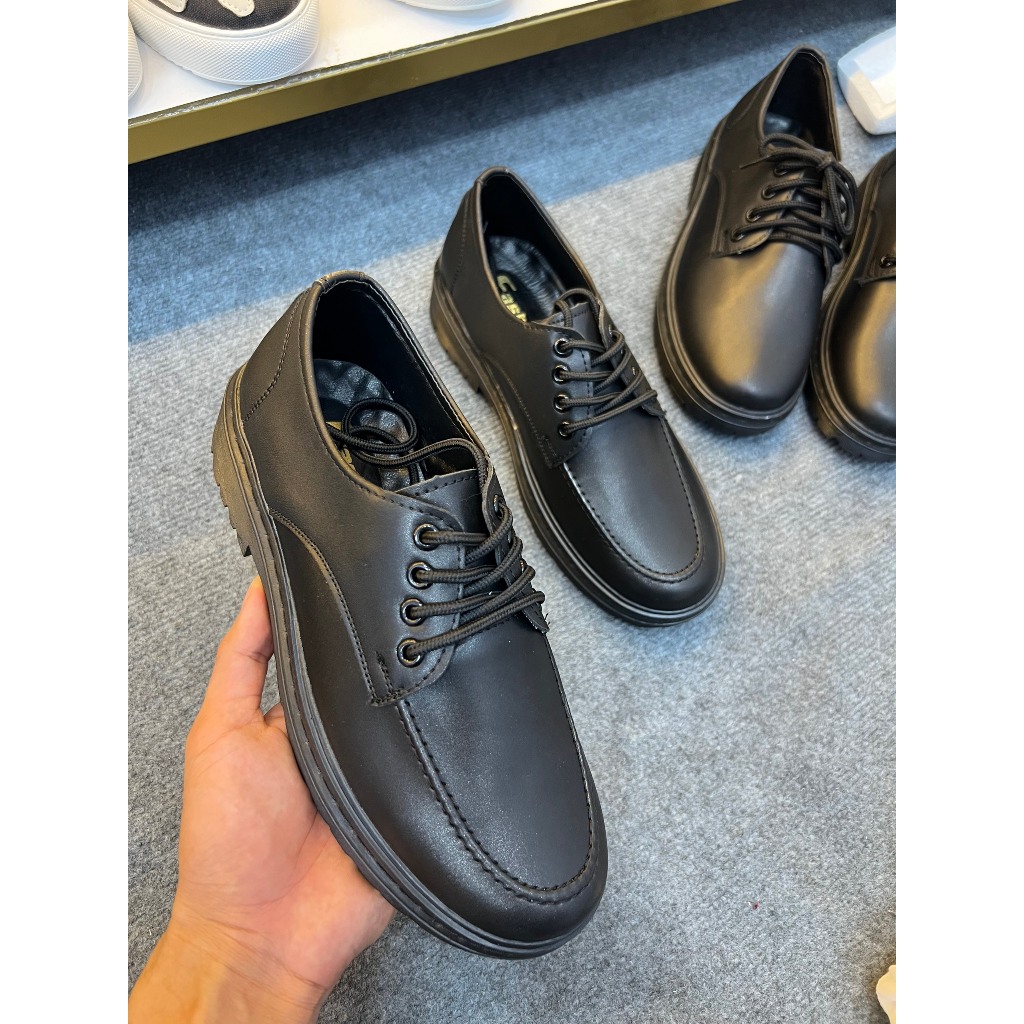 Giày đốc nam cổ thấp màu đen đế khâu cao cấp, giày chunky derby nam da trơn đế cao 5cm phong cách