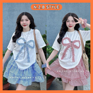 Set áo váy - Áo phông cotton nữ nơ ngực Tặng dây buộc tóc kèm Chân váy xòe tầng tiểu thư bánh bèo