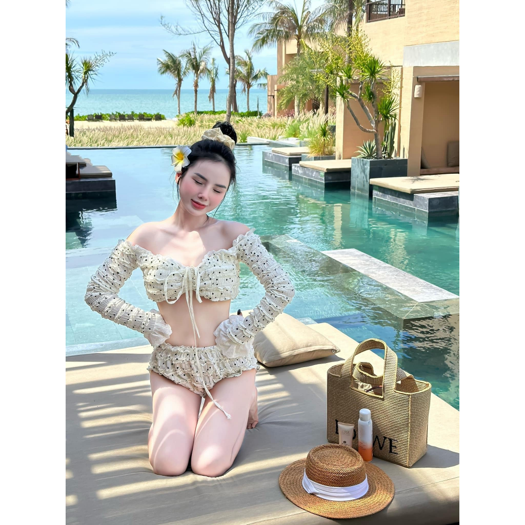 [Hỏa tốc HN] Bikini tay dài chấm bi trễ vai