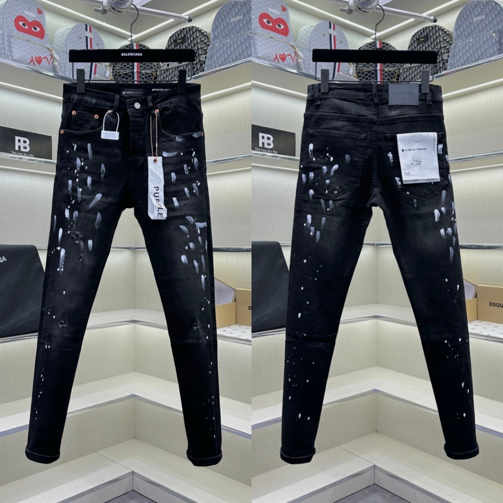 Quần jean bò nam Purple skinny đen mài rách nhẹ vảy sơn trắng loang dọc thân 4 cúc chữ mác lụa