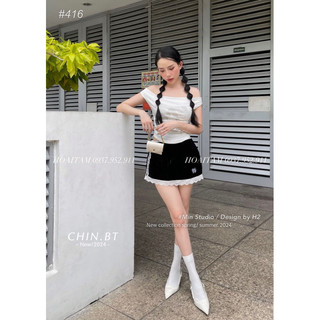 set dạo phố,set áo chân váy pha ren gấu trễ vai nơ xinh BT