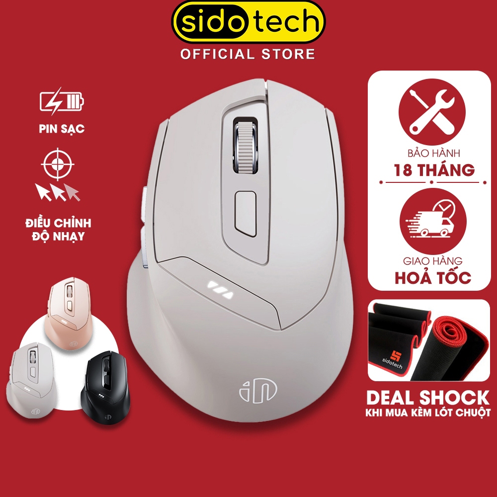 Chuột không dây bluetooth sạc pin SIDOTECH INPHIC DR6 tắt âm silent 6 nút bấm đèn led báo pin công thái học laptop PC
