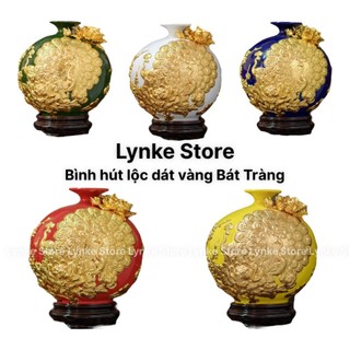 Bình Hút Tài Lộc Dát Vàng Cao 28cm Công Vinh Hoa Phú Quý Gốm Sứ Bát Tràng Tặng Kèm Đế
