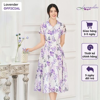 Đầm công sở thiết kế LAVENDER cổ sen họa tiết hoa tím dáng xòe D3080