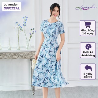 Đầm công sở thiết kế LAVENDER hoa lá xanh cổ tròn nhún vai D3095