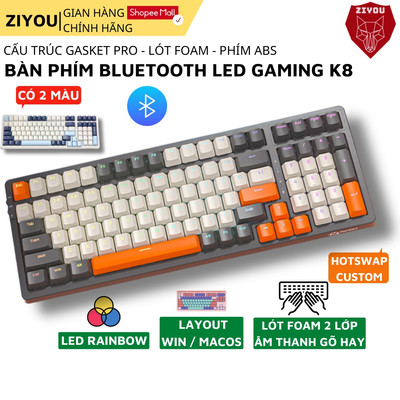 Bàn Phím Cơ Không Dây Hotswap Ziyou K8 Kết Nối Đa Năng 3 Mode Trục Cơ Red Switch Có Lót Foam Cao Cấp