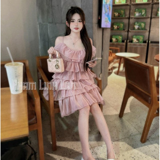 Váy tơ 2 dây xếp nhún bèo nhiều tầng nữ tính