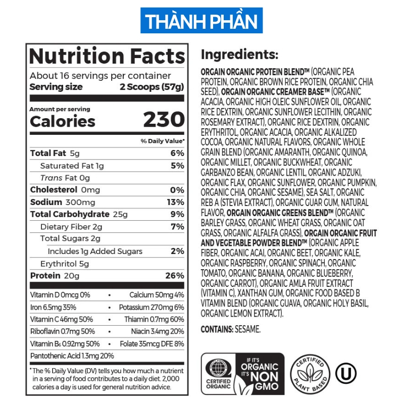 Orgain Organic Meal Powder bột đạm thực vật hữu cơ giúp xây dựng cơ bắp, giảm mỡ cải thiện vóc dáng 912g