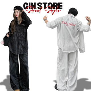 Set sơ mi oxford ống rộng kẻ sọc chữ thêu local brand chất cotton form unisex đồ bộ nam nữ hàn quốc big size gin store