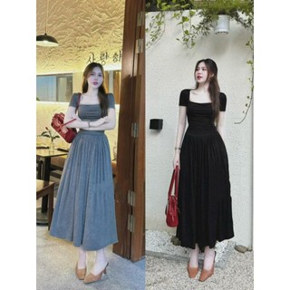 Đầm nữ cổ vuông tay ngắn dáng xòe xinh xắn - thun gân lạnh LD743