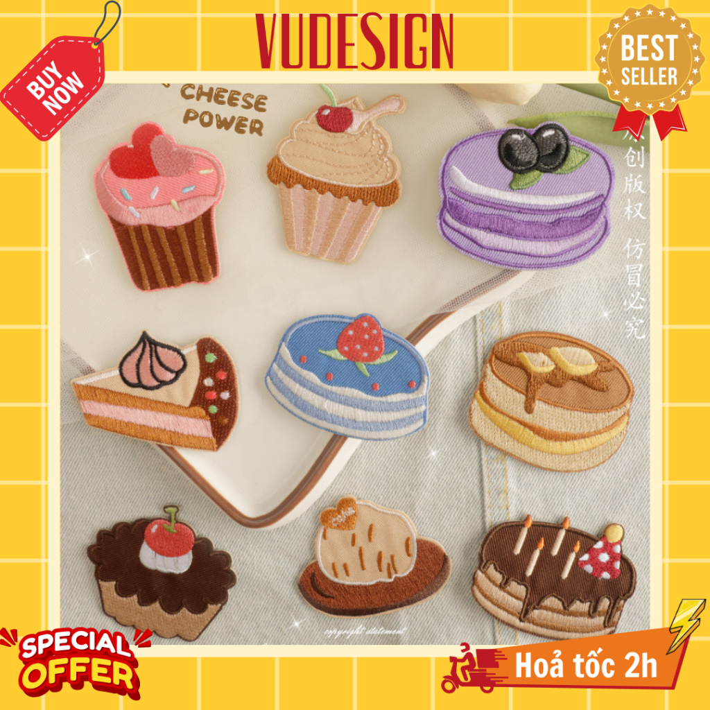 Sticker Vải, Sticker Ủi Thêu Quần Áo, Balo, Túi, Mũ Bánh Ngọt Pancake Sinh Nhật Cupcake Vudesign