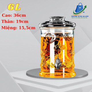 BÌNH NGÂM RƯỢU THỦY TINH DÁNG TRỤ CÓ HOA VĂN RỒNG 6 LÍT ( DUNG TÍCH THỰC 5.2L )