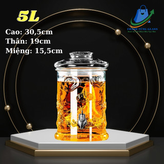 Bình ngâm rượu thủy tinh 5 lít dáng trụ hoa văn rồng ( DUNG TÍCH THỰC 4.2L )