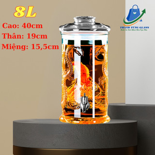 Bình ngâm rượu thủy tinh 8 lít dáng trụ hoa văn rồng ( DUNG TÍCH THỰC 6,5L )