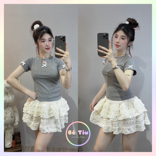 Set Áo Cotton Váy Ren Tầng Phối Nơ Tay Ngắn 3 Màu Cơ Bản Dáng Ôm Trẻ Trung Năng Động Thời Trang Nữ Hàn Quốc / Bé Tiu